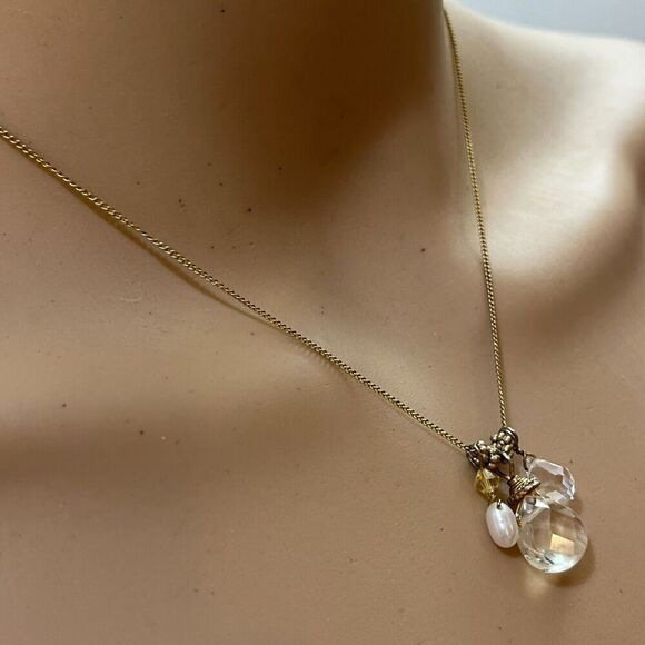 Handmade Teardrop Quartz Necklace Gold Tone Chain Cultured Pearl Rhinestone 20in - Picture 7 of 13